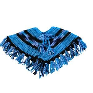 Vintage Homemade Crocheted 18" Doll Poncho Retro Hippie Boho‎ blue and black
